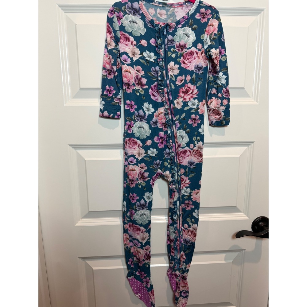 Posh Peanut Teal Floral Ruffle Bamboo Footed Sleeper Pajamas 3T